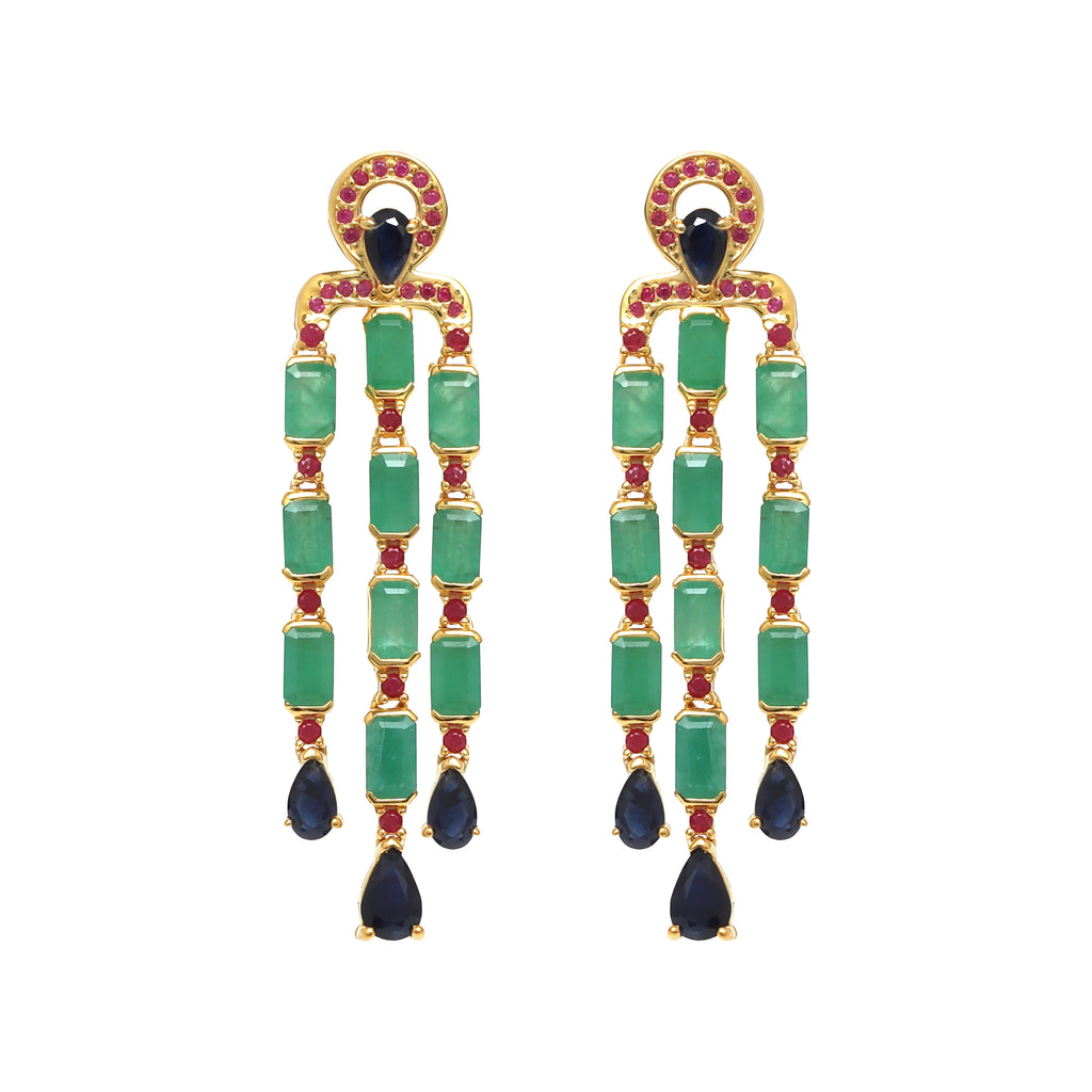 Emerald & Blue Sapphire Statement Dangle Earrings in 18K Gold-Plated Sterling Silver