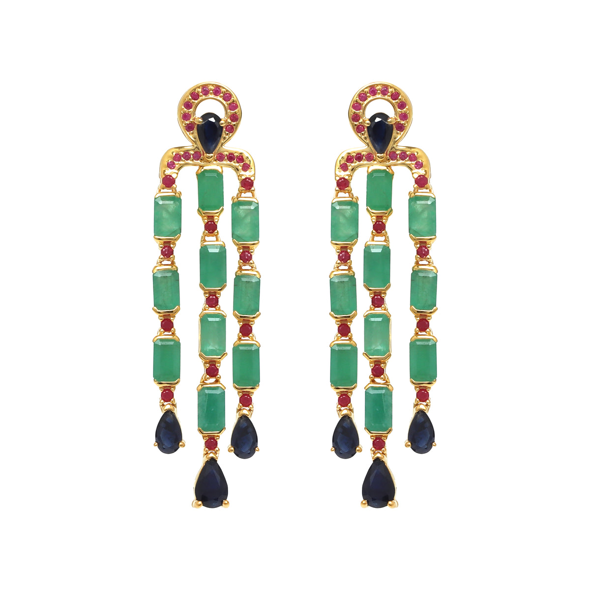 Emerald & Blue Sapphire Statement Dangle Earrings in 18K Gold-Plated Sterling Silver