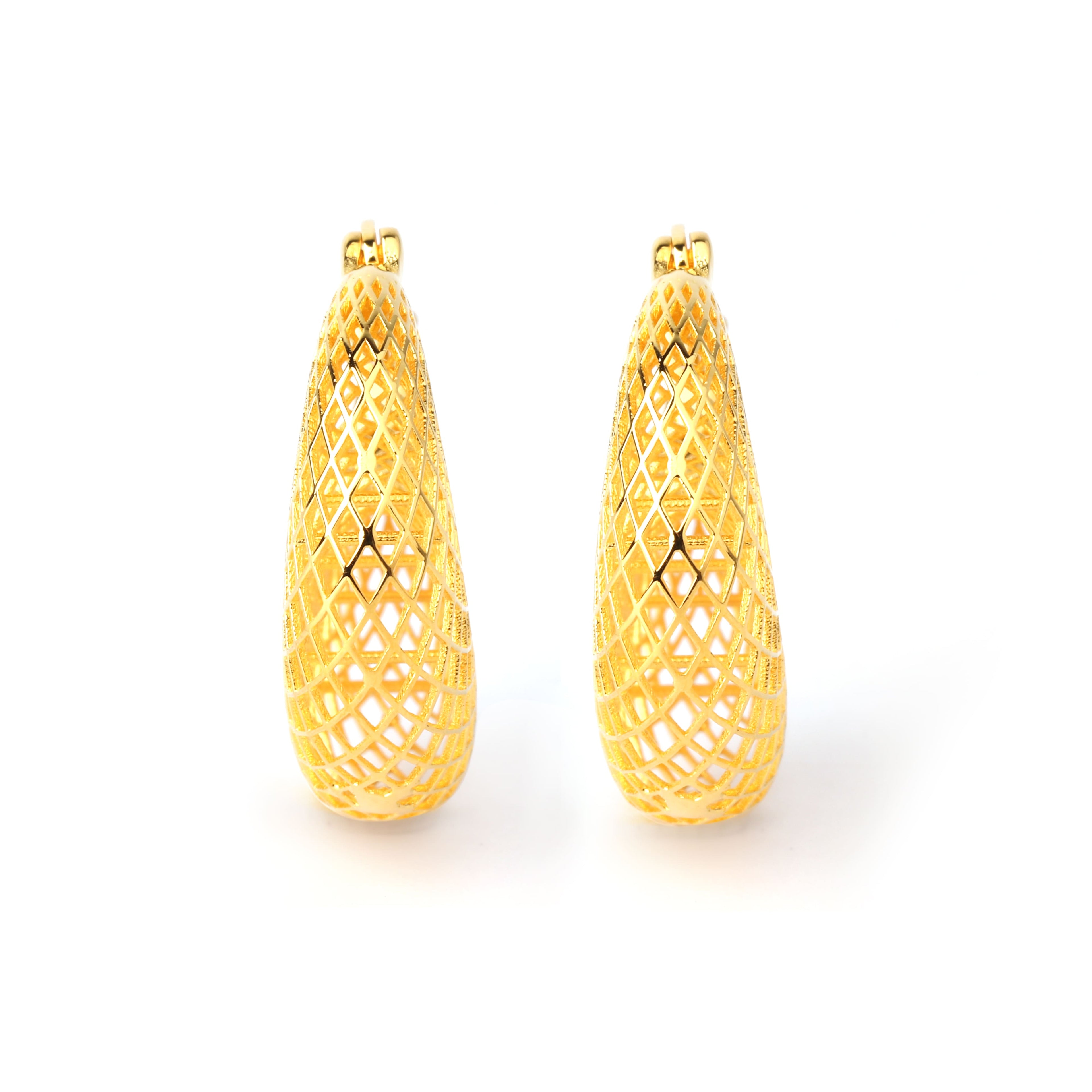 Side angle of lightweight hypoallergenic silver hoop earrings in gold finish, Jewelry by Crimson