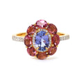Tanzanite and pink tourmaline floral ring in 14K gold plated sterling silver