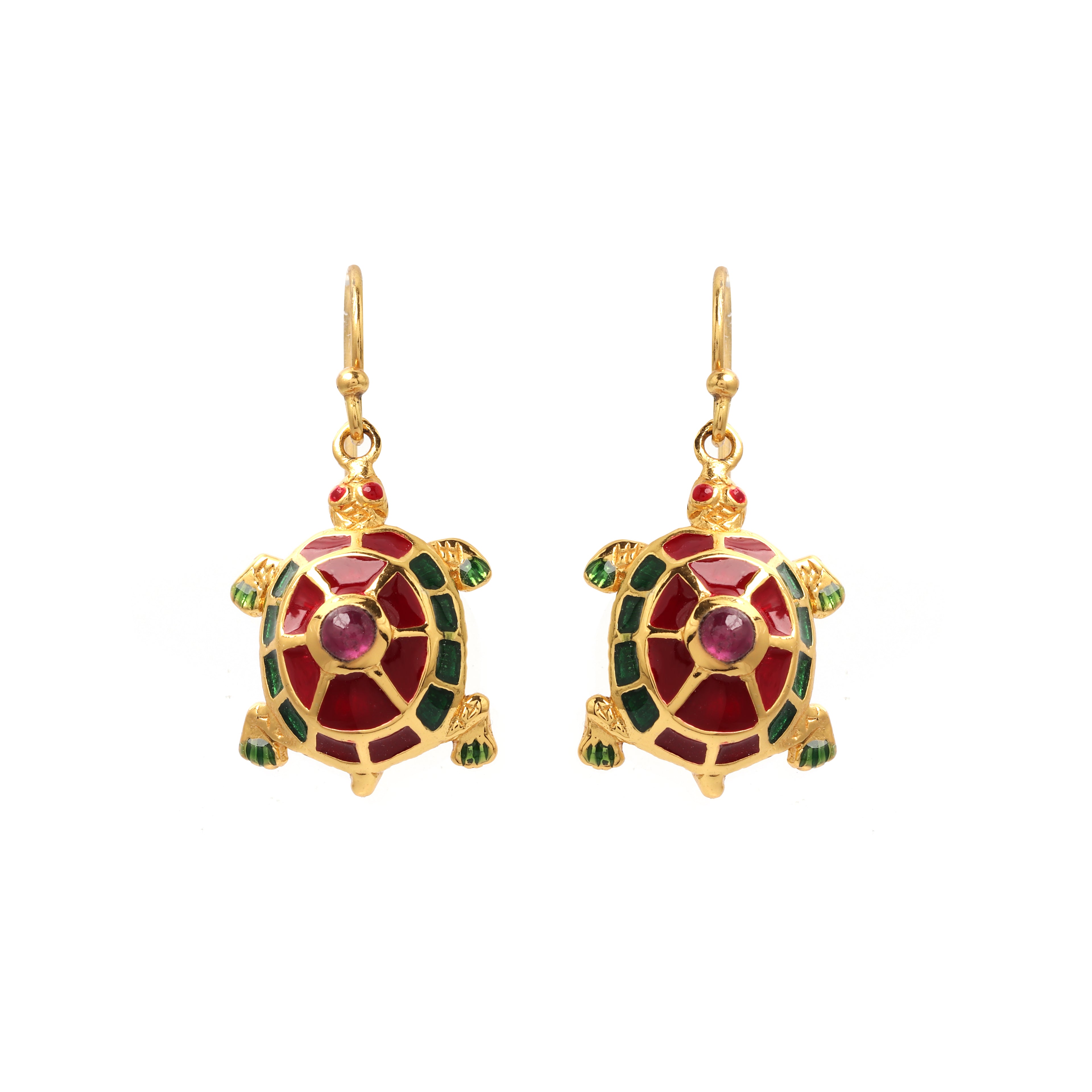 Gold plated ruby turtle earrings in 925 sterling silver with colorful enamel accents