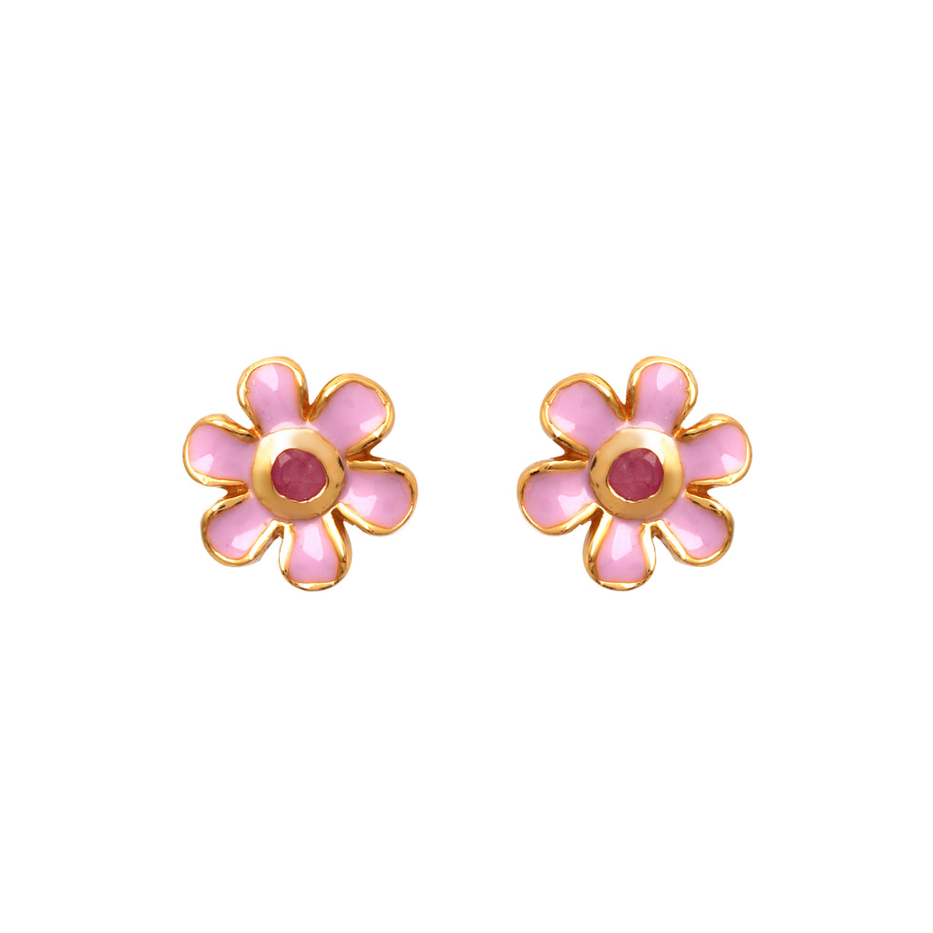 Gold plated ruby floral stud earrings in 925 sterling silver