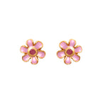 Pink enamel flower stud earrings with gold trim and ruby center, handcrafted gemstone jewelry