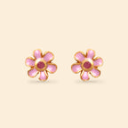 Pink enamel flower stud earrings with gold trim and ruby center, handcrafted silver jewelry