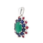 Emerald, Blue Sapphire & Ruby Flower Cluster Pendant in 925 Sterling Silver