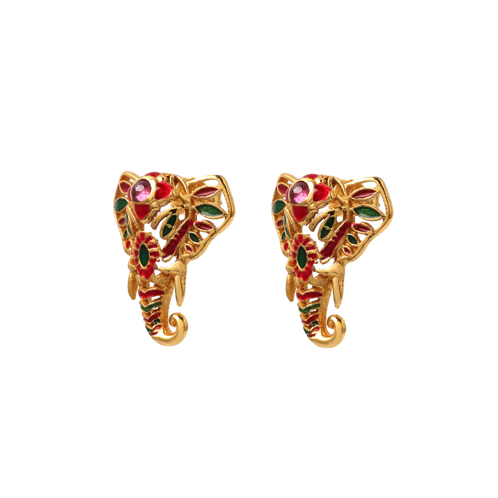 Artisan elephant stud earrings featuring ruby details and sterling silver craftsmanship