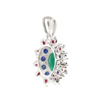 Emerald, Blue Sapphire & Ruby Flower Cluster Pendant in 925 Sterling Silver