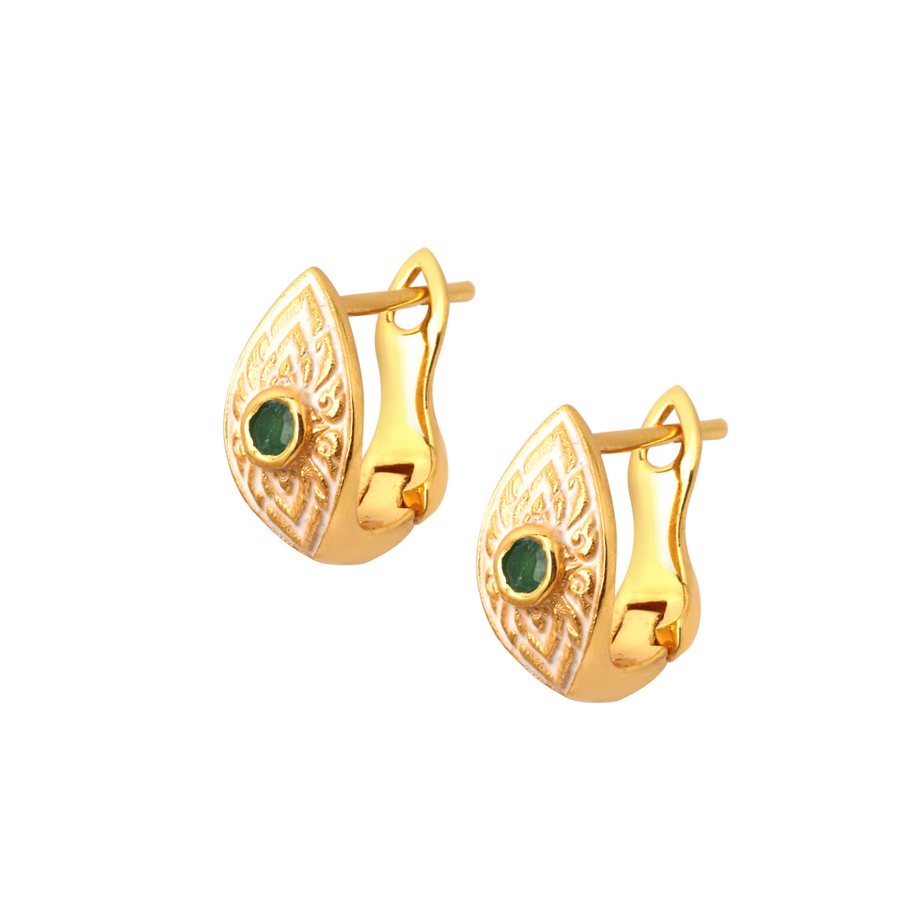 Handcrafted emerald earrings featuring ornate enamel detailing
