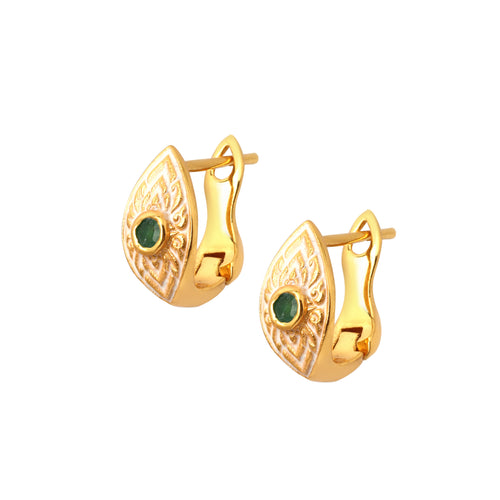 Gold huggie earrings with green gemstone and white enamel filigree, handcrafted Thai design