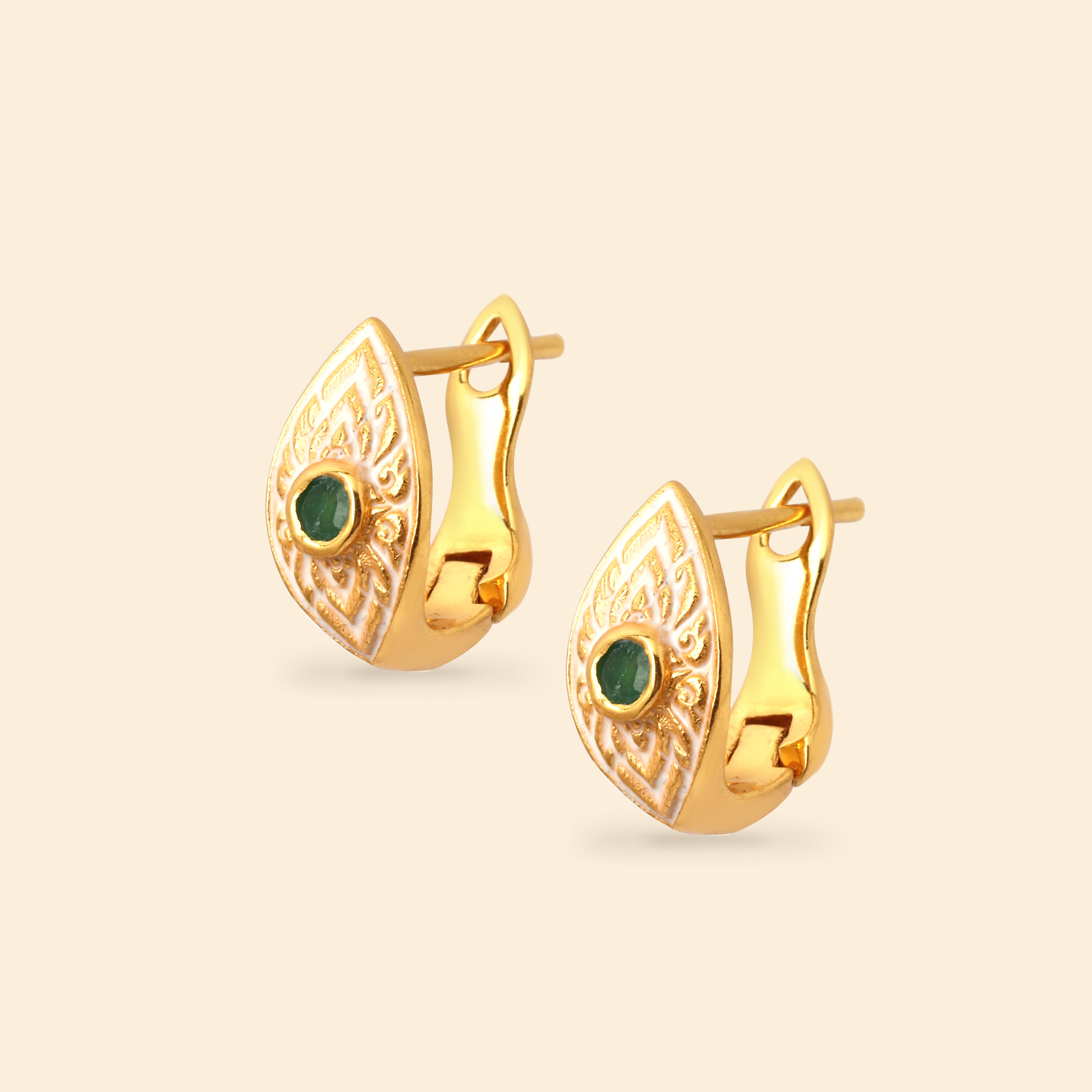 Gold plated emerald earrings with decorative enamel pattern