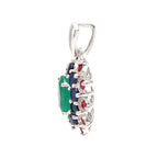 Emerald, Blue Sapphire & Ruby Flower Cluster Pendant in 925 Sterling Silver