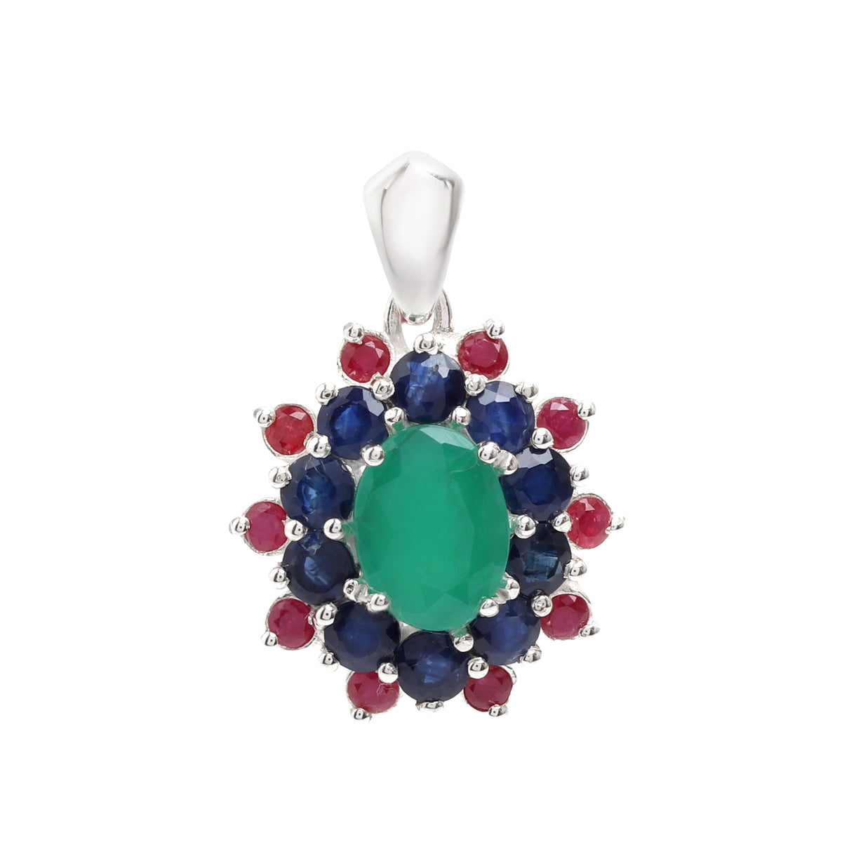 Emerald, Blue Sapphire & Ruby Flower Cluster Pendant in 925 Sterling Silver