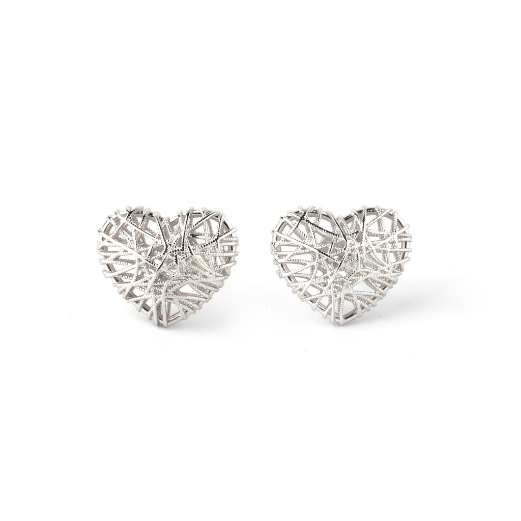 925 sterling silver heart stud earrings with woven open-frame design, polished silver finish by Jewelry by Crimson