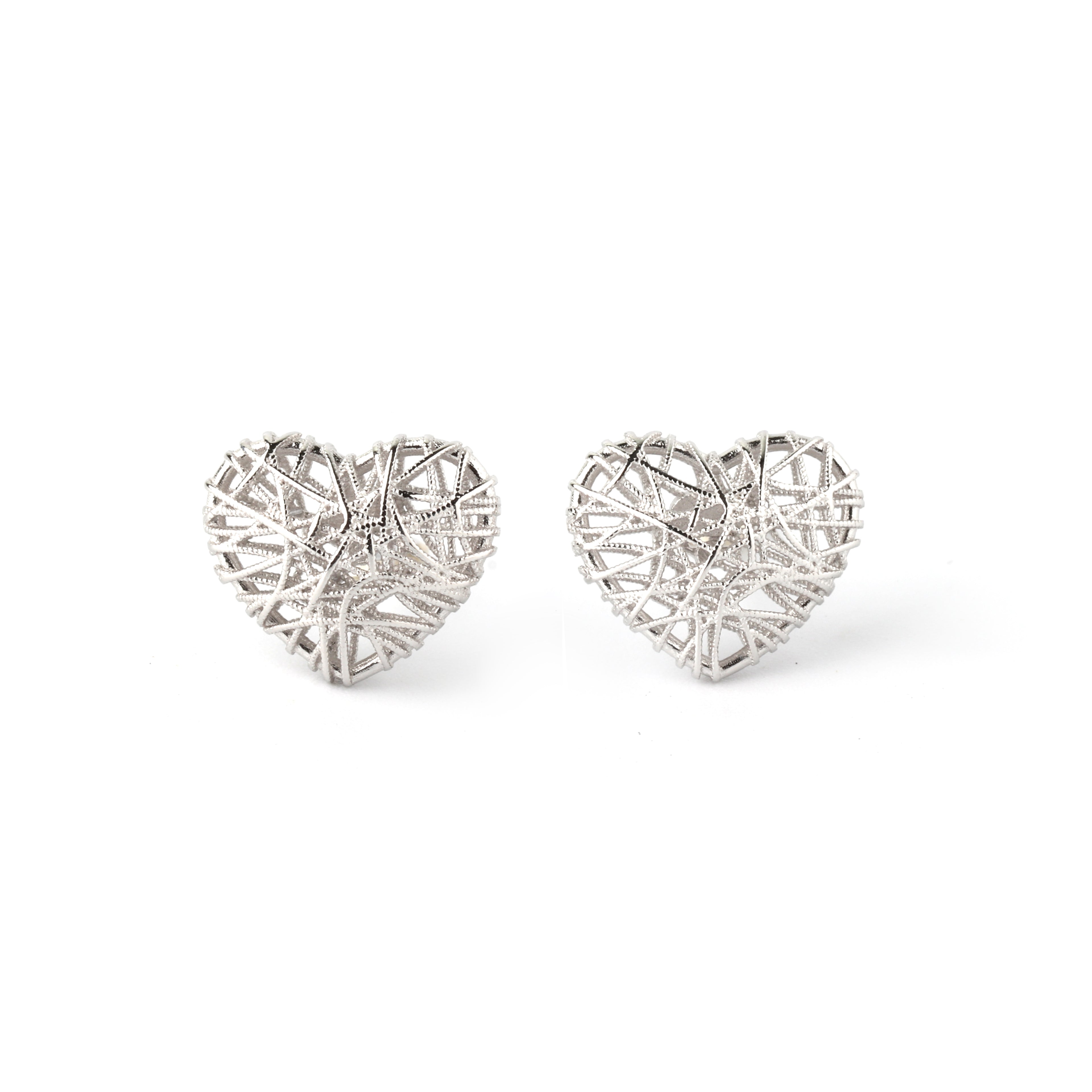 925 sterling silver heart stud earrings with woven open-frame design, polished silver finish by Jewelry by Crimson
