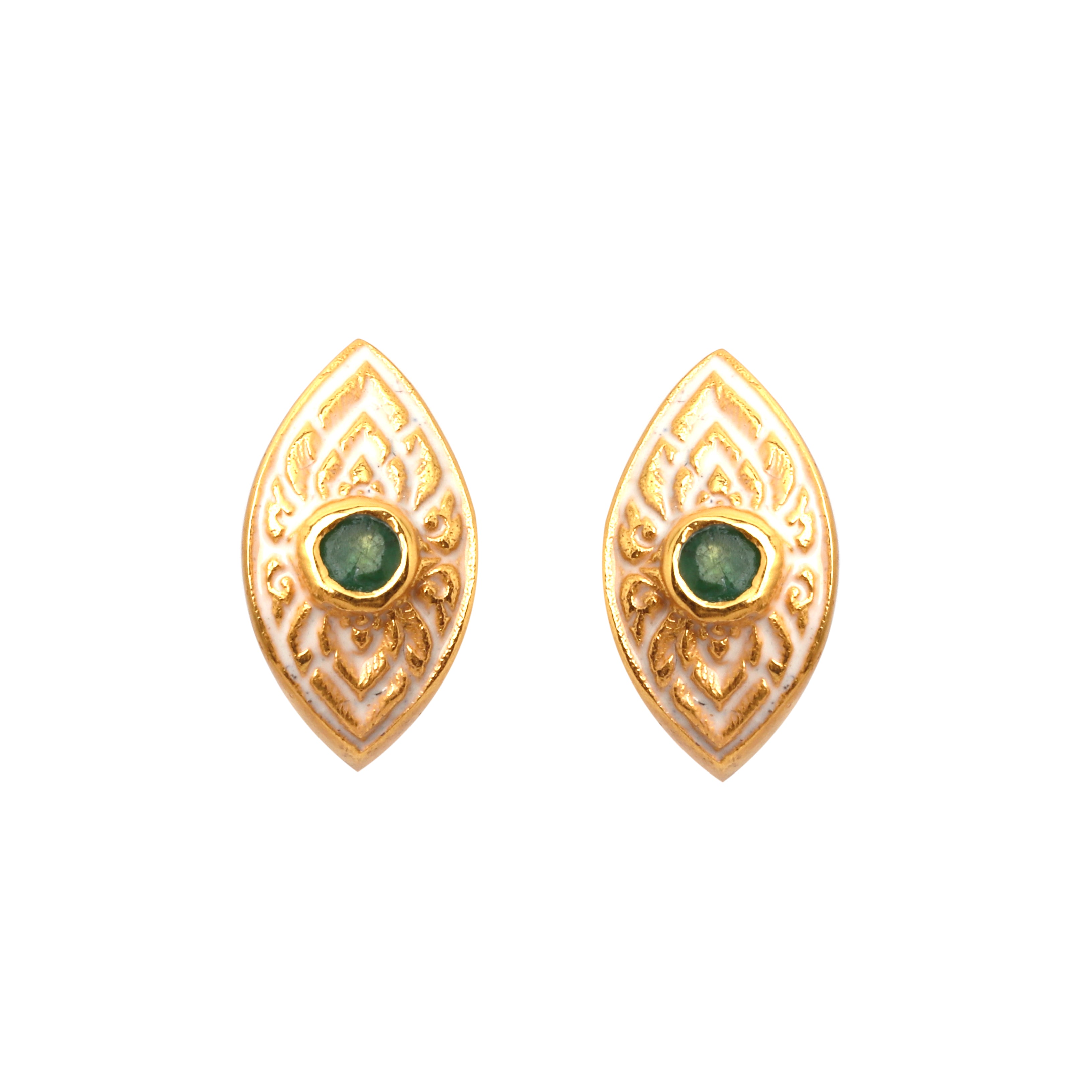Emerald stud earrings in 14K gold plated sterling silver with white enamel accents