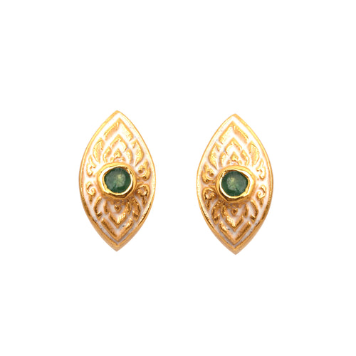 Gold-plated stud earrings with green gemstone and white enamel filigree, handcrafted Thai jewelry design.