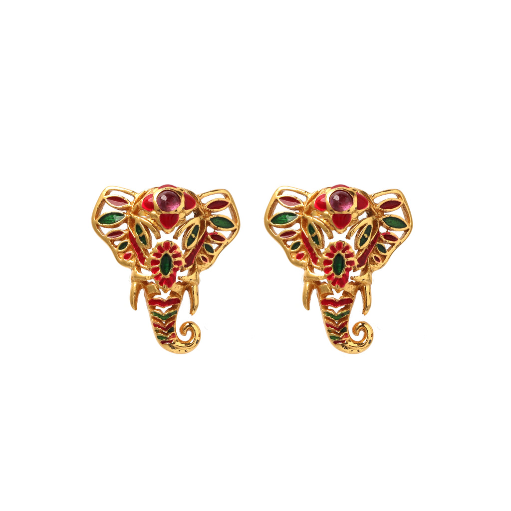 Gold plated ruby elephant earrings in 925 sterling silver with colorful enamel accents