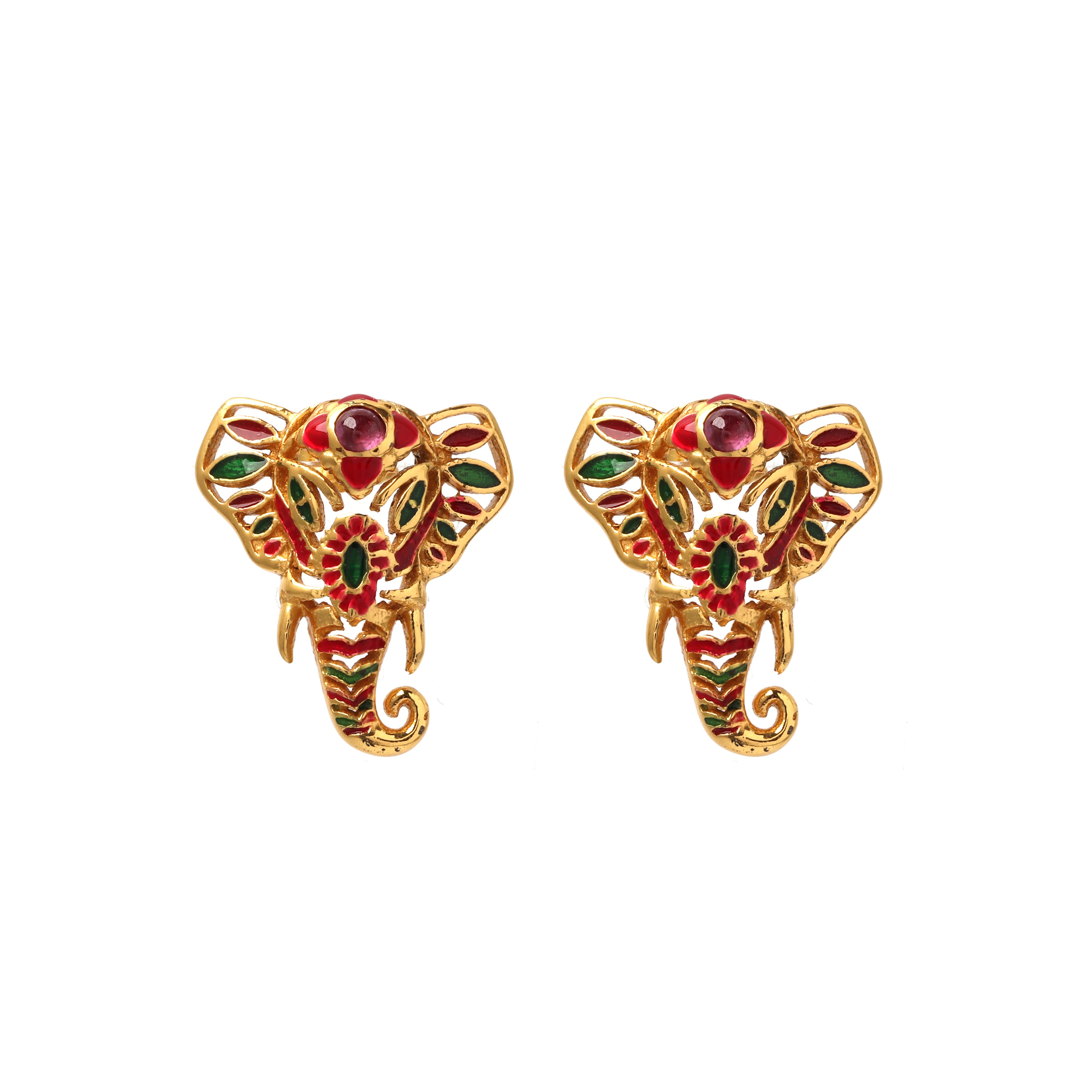Gold plated ruby elephant earrings in 925 sterling silver with colorful enamel accents