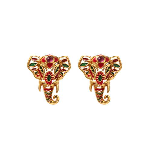 Gold plated ruby elephant earrings in 925 sterling silver with colorful enamel accents
