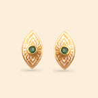 Gold-plated stud earrings with green gemstone and white enamel Thai-inspired design