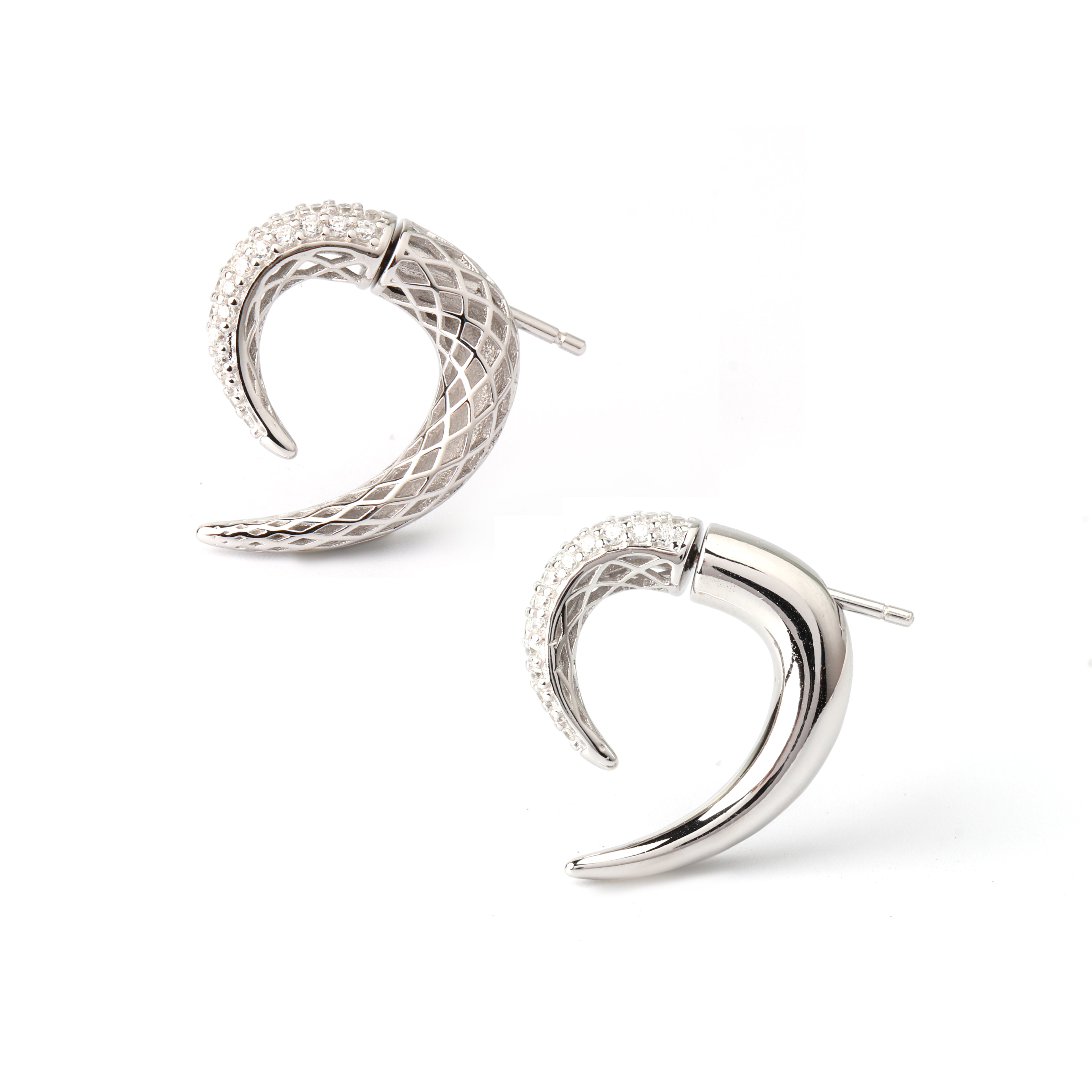 Close-up of 925 sterling silver crescent stud earrings with pavé detailing by Jewelry by Crimson