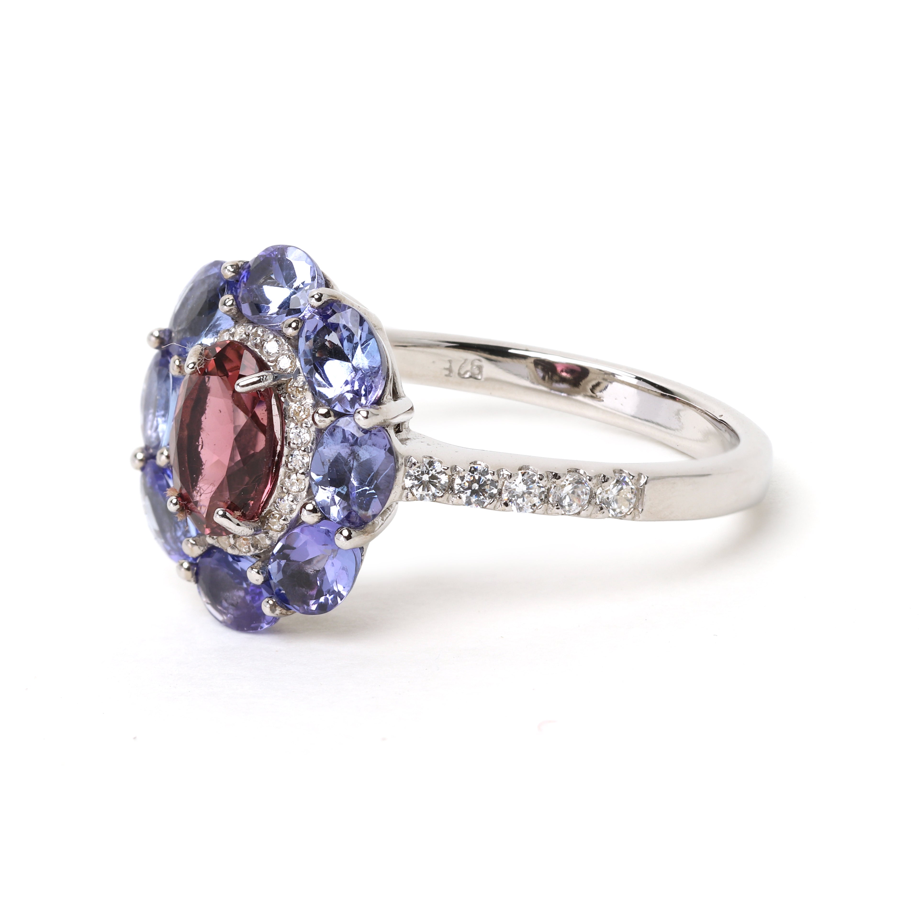 Elegant floral gemstone ring with pink tourmaline center stone