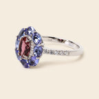 A silver ring featuring a floral cluster setting with a central marquise-cut pinkish-red gemstone surrounded by round blue gemstones, with a pavé band on a light beige background.