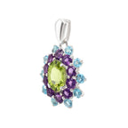 Peridot, Amethyst & Blue Topaz Flower Cluster Pendant in 925 Sterling Silver