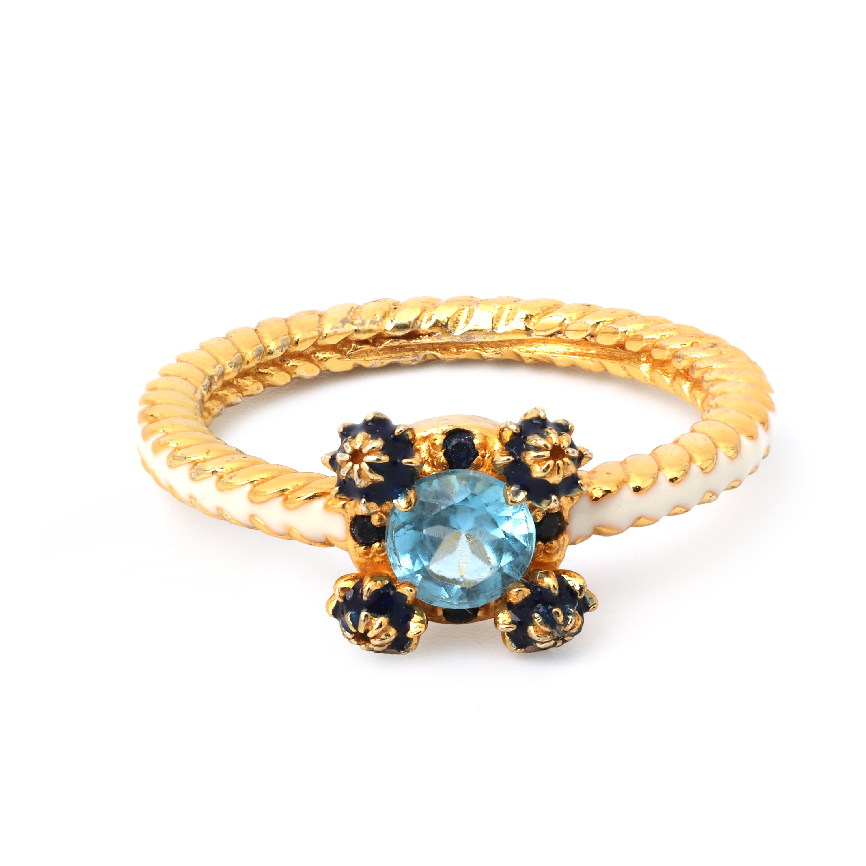 Gold plated blue topaz floral ring in 925 sterling silver