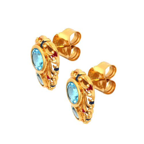 Gold-tone stud earrings with blue topaz, red & blue enamel, intricate filigree design