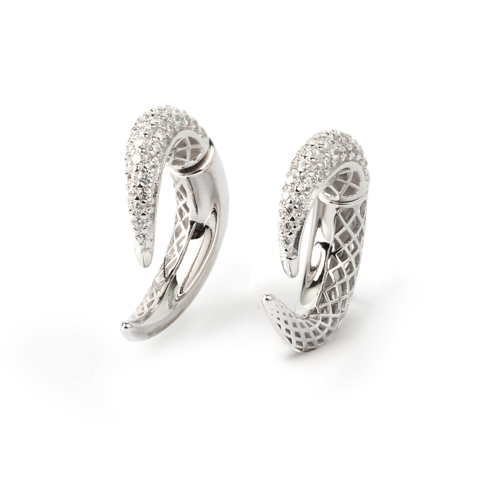 Side view of hypoallergenic silver curve earrings in high-polish finish, Jewelry by Crimson