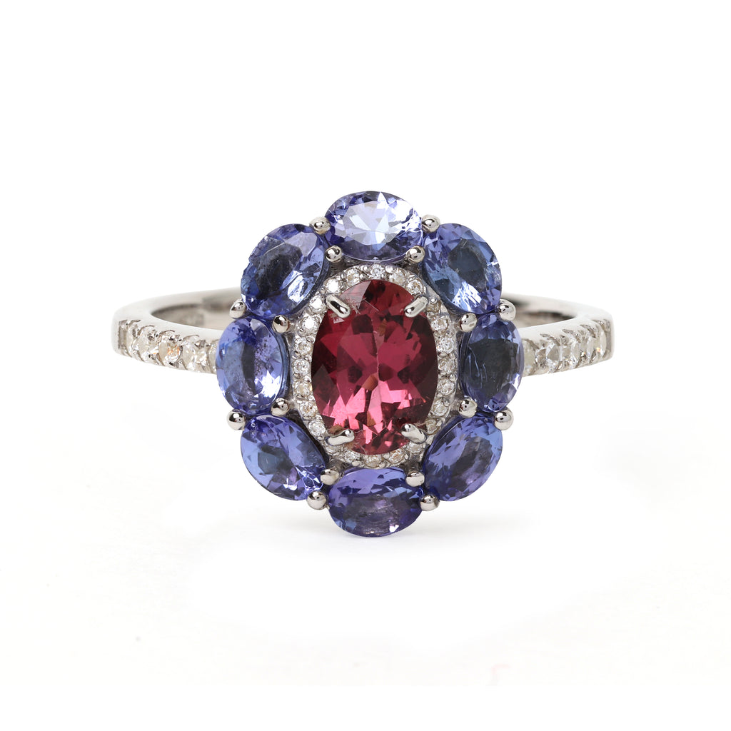 Pink tourmaline and tanzanite halo ring in sterling silver