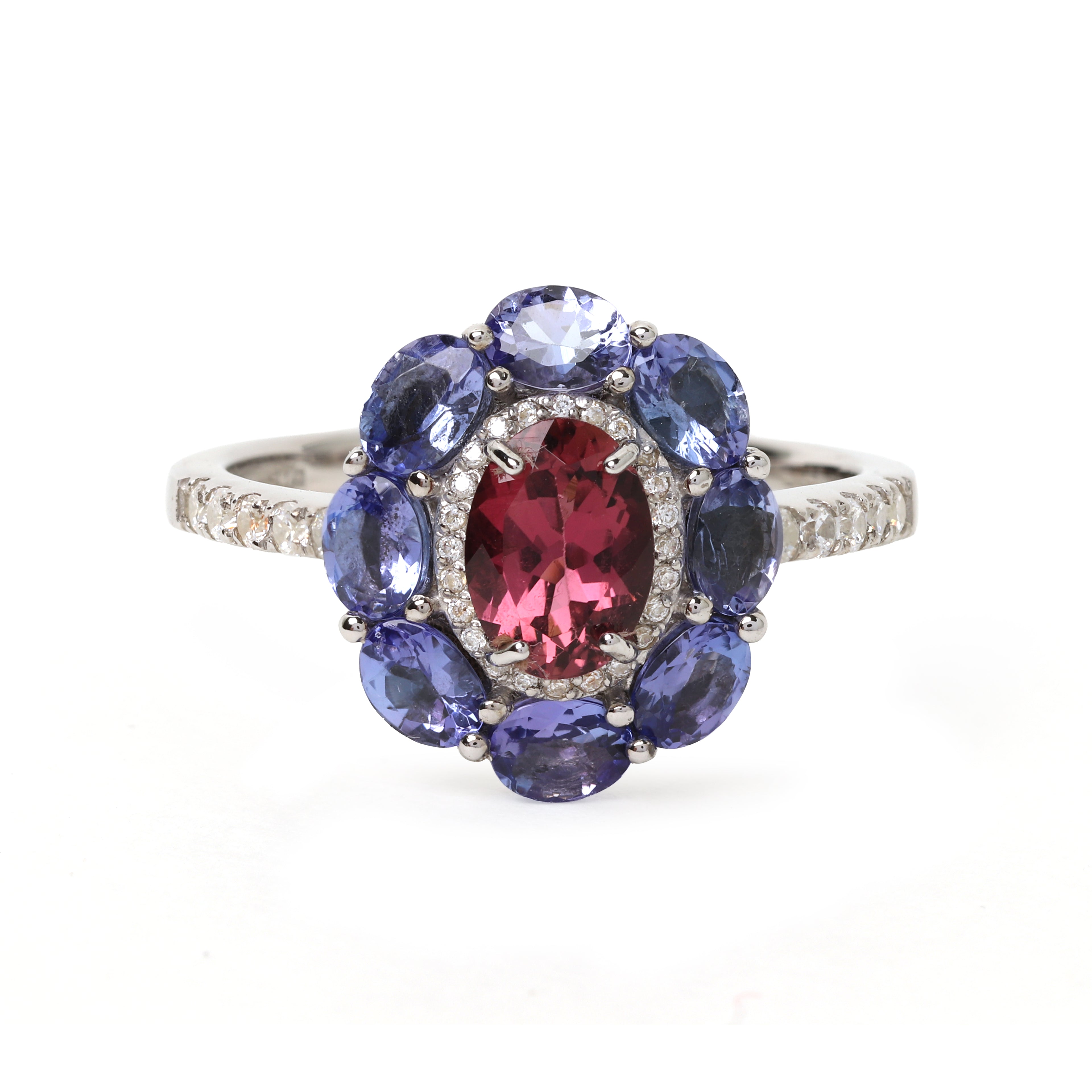 Pink tourmaline and tanzanite halo ring in sterling silver
