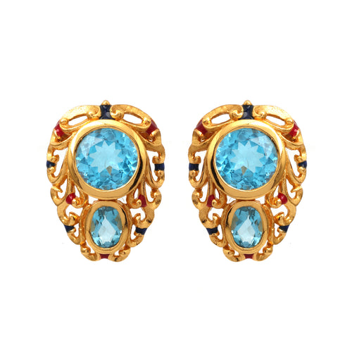 Gold-tone filigree earrings with blue topaz and red/blue accent stones, elegant gemstone jewelry