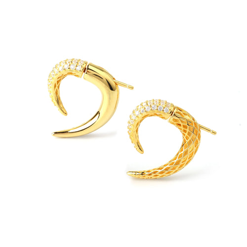 Gold crescent moon earrings with pave crystals, one smooth, one textured, elegant jewelry design