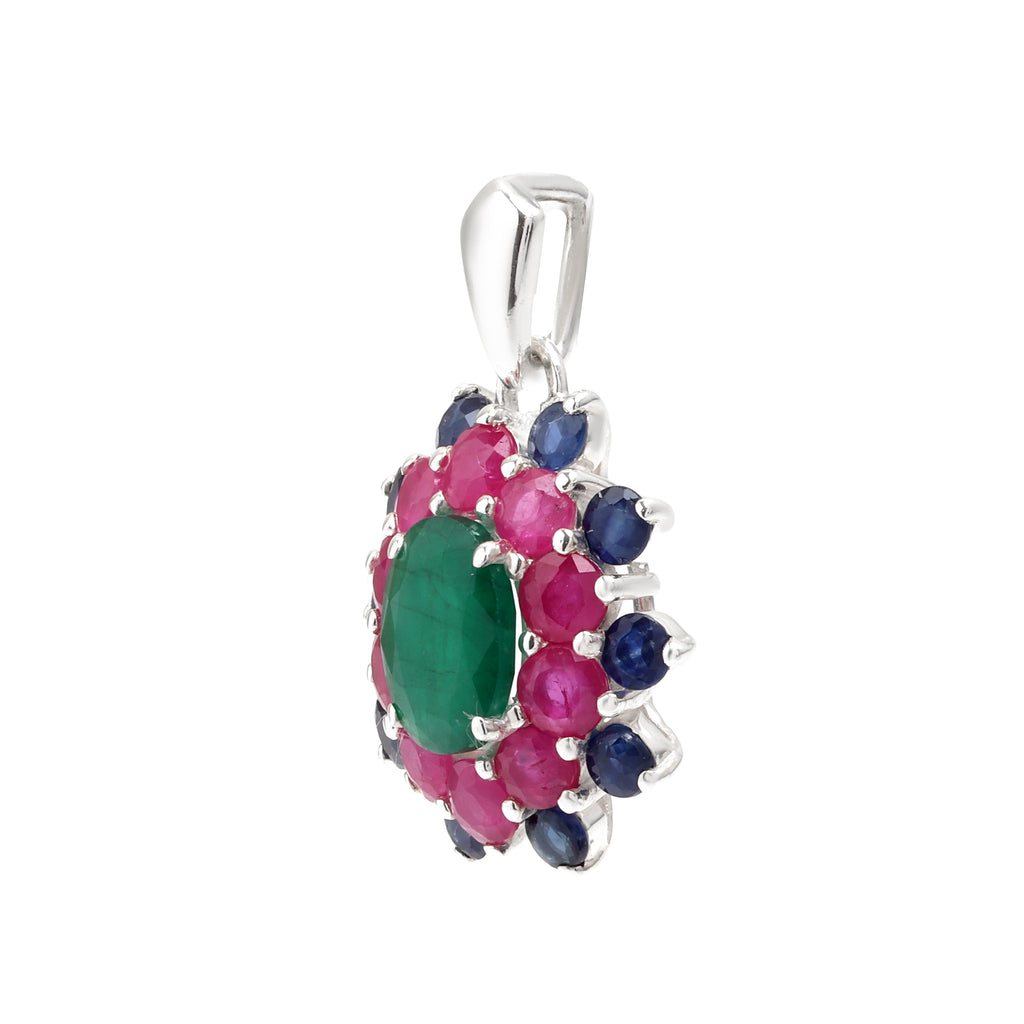 Emerald, Ruby & Blue Sapphire Flower Cluster Pendant in 925 Sterling Silver
