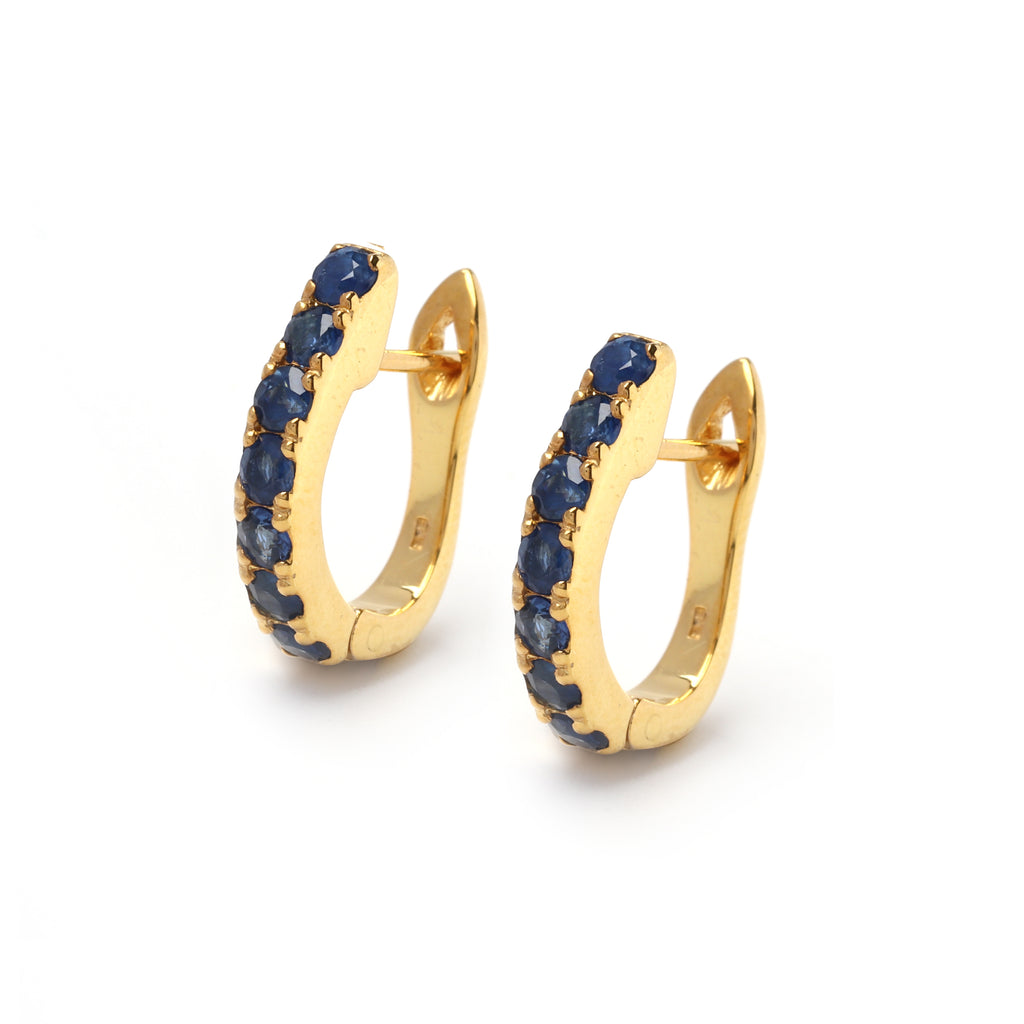 Minimal sapphire hoop earrings in sterling silver, lightweight everyday design with polished gold tone finish