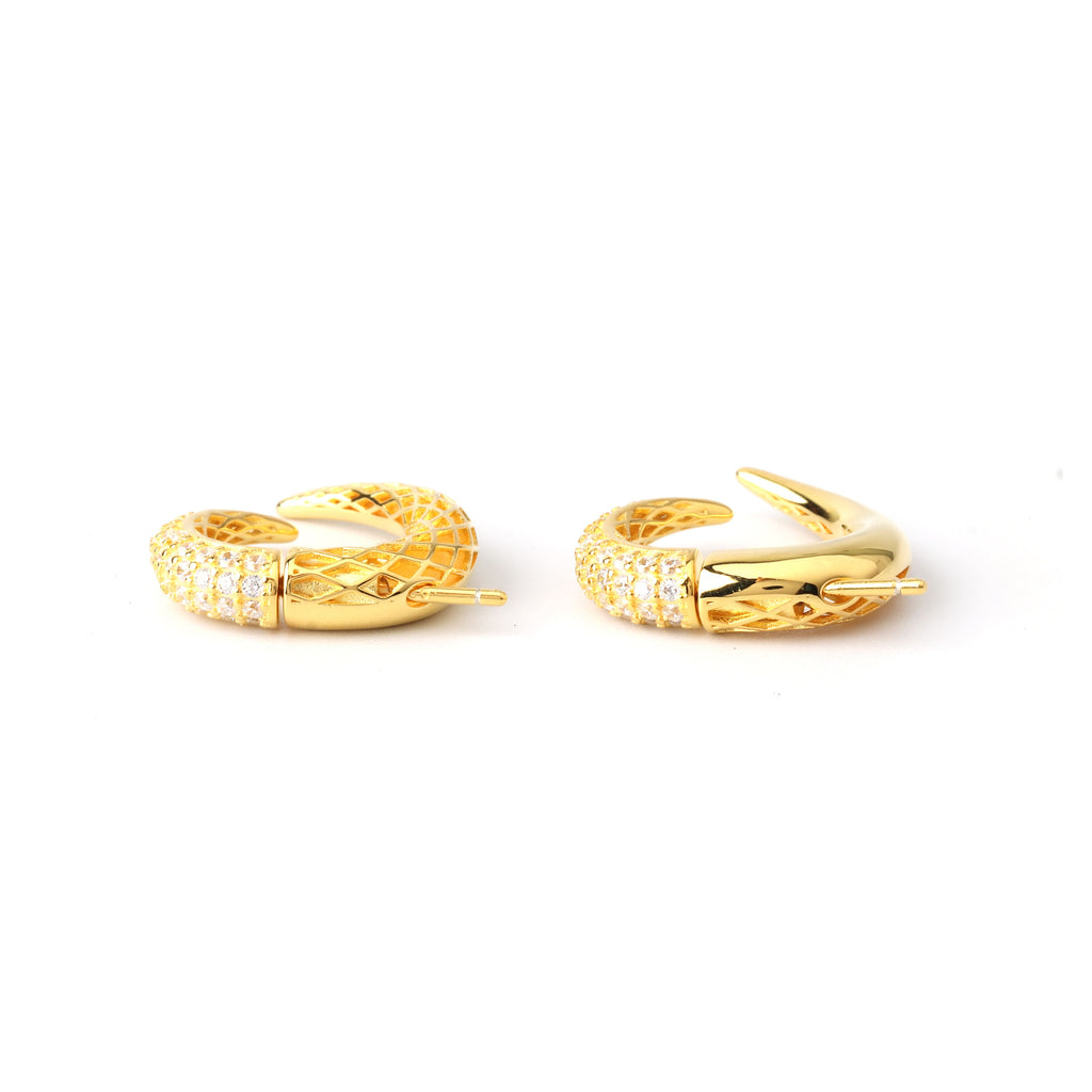 High-polish gold finish on 925 sterling silver earrings with textured curve detailing