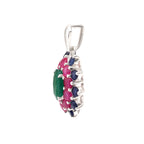 Emerald, Ruby & Blue Sapphire Flower Cluster Pendant in 925 Sterling Silver
