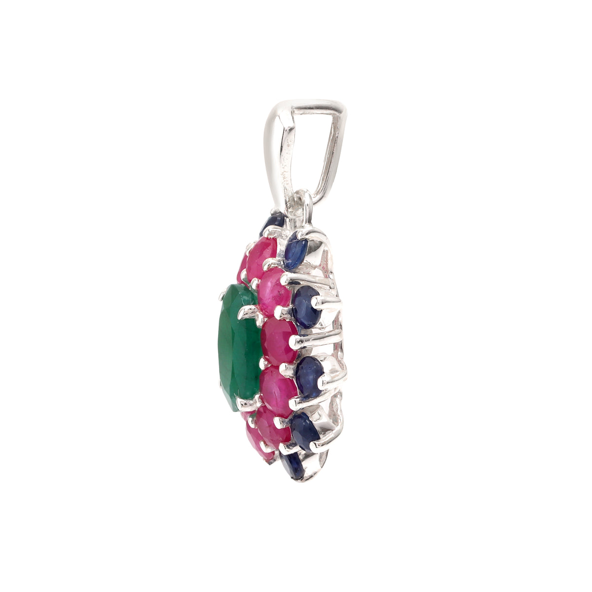 Emerald, Ruby & Blue Sapphire Flower Cluster Pendant in 925 Sterling Silver