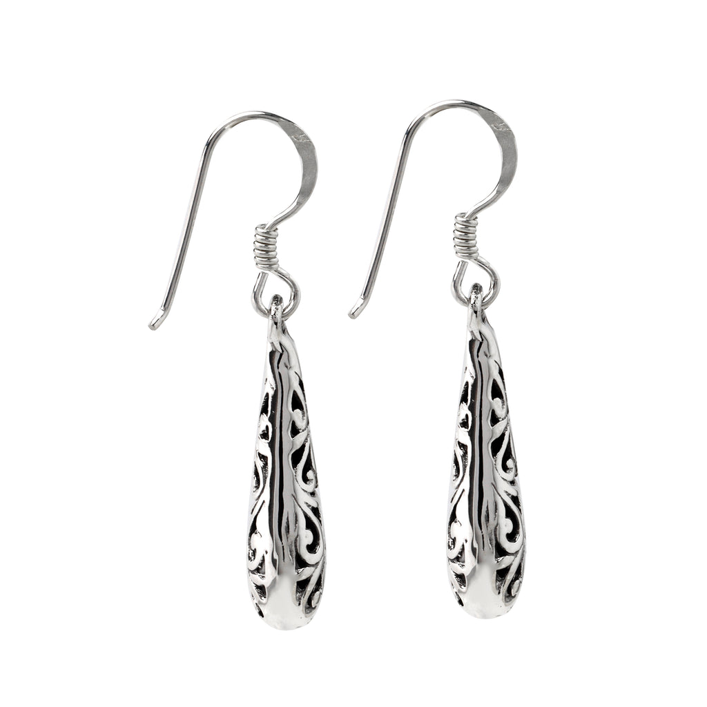 Minimalist silver dangle earrings with filigree detailing