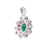Emerald, Ruby & Blue Sapphire Flower Cluster Pendant in 925 Sterling Silver