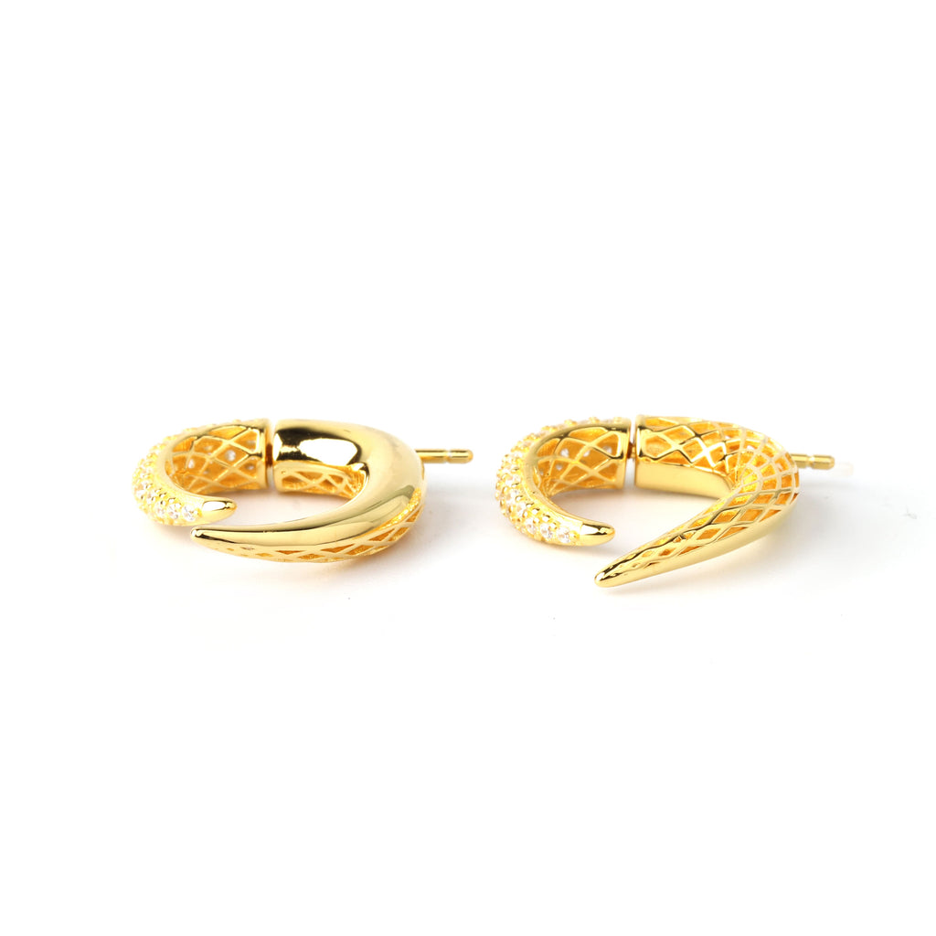 High-polish gold finish on 925 sterling silver earrings with textured curve detailing