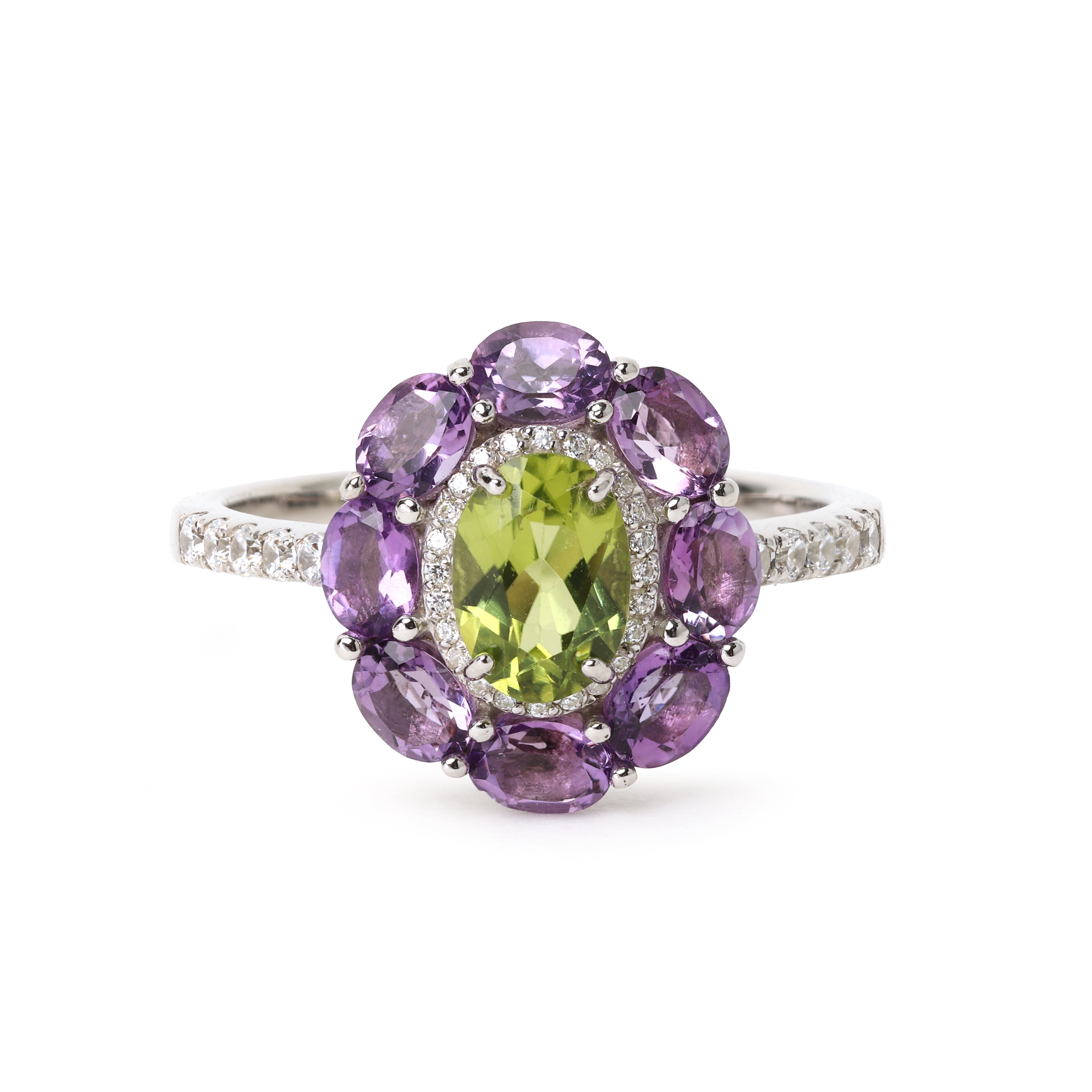 Peridot & Amethyst Halo Ring in 18K Gold
