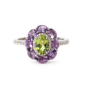Peridot and amethyst floral ring in sterling silver