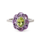 Floral amethyst and peridot ring with diamond accents, sterling silver band