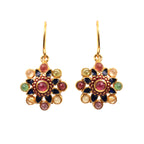 Gold flower earrings with multicolor gemstones, handcrafted sterling silver jewelry