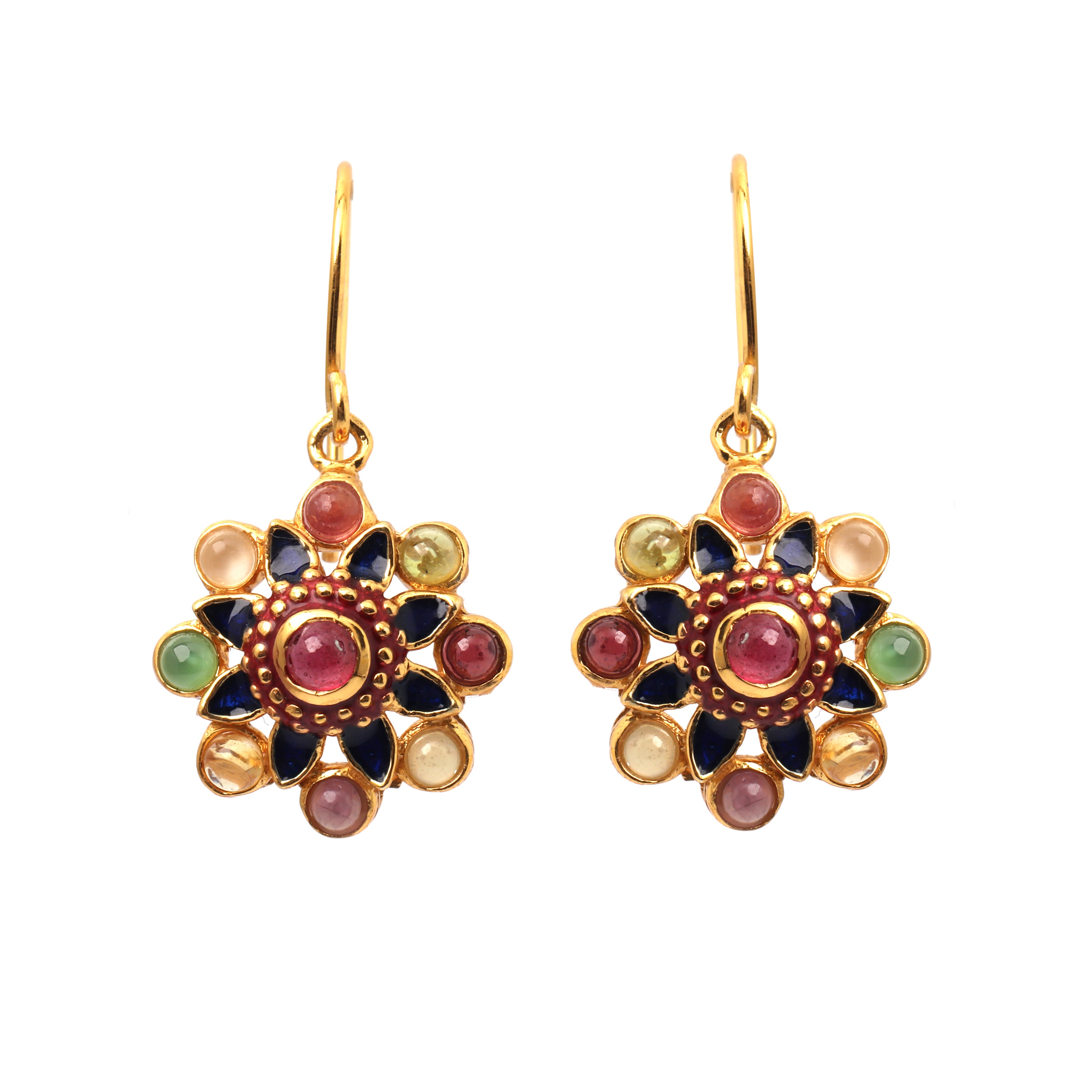 Gold plated ruby and multi gemstone floral drop earrings in 925 sterling silver