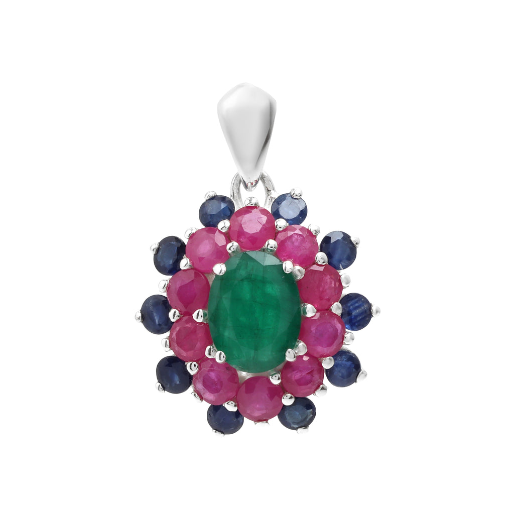 Emerald, Ruby & Blue Sapphire Flower Cluster Pendant in 925 Sterling Silver