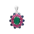 Emerald, Ruby & Blue Sapphire Flower Cluster Pendant in 925 Sterling Silver